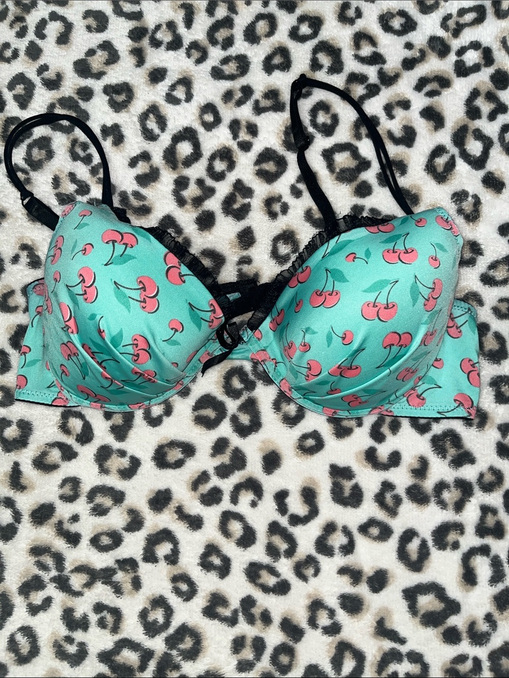 TAREA Mint Green Bra with Pink Cherry Print and Black Lace Trim